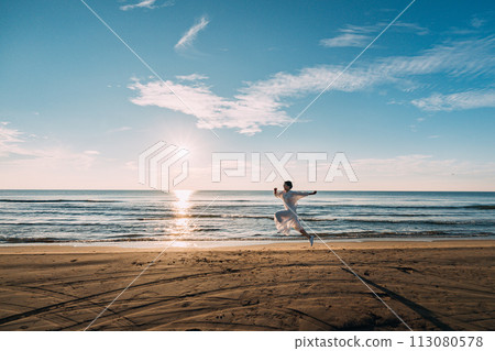 太陽落入大海和一個女人的剪影 113080578