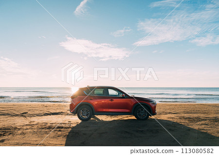 Couple with sandy beach and red car 113080582