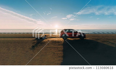 情侶與沙灘和紅色汽車 113080618