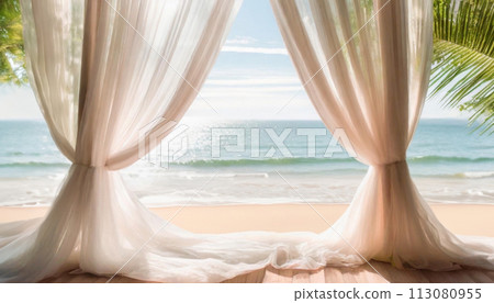 夏日海灘美麗的窗簾背景素材（AI生成素材） 113080955
