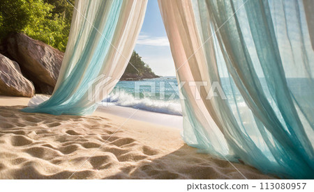夏日海灘美麗的窗簾背景素材（AI生成素材） 113080957