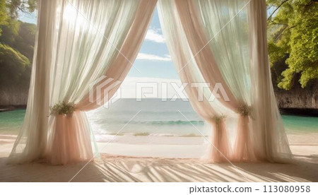 夏日海灘美麗的窗簾背景素材（AI生成素材） 113080958