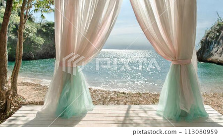 夏日海灘美麗的窗簾背景素材（AI生成素材） 113080959