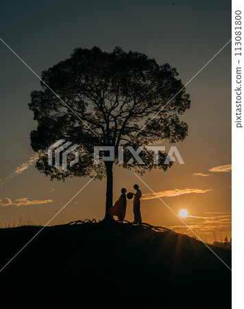 夕陽下倒映著樹和情侶的剪影 113081800