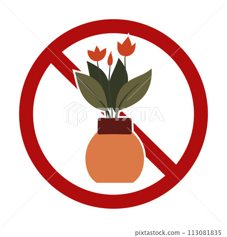 Vector prohibition sign with a rare plant in a pot isolated from the background. Growing flowers in pots is forbidden. Vector prohibition sign with a rare plant in a pot isolated from the background. Growing flowers in pots is forbidden. 113081835