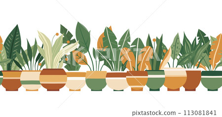 Vector seamless horizontal border with home flowers in pots isolated from background. Gardening frieze of plants 113081841