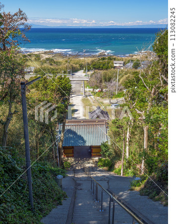 View of the approach and the Pacific Ocean from the main shrine of Susaki Shrine 113082245