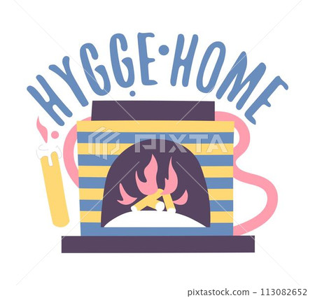 Hygge home, fireplace with flames and logs vector Hygge home, fireplace with flames and logs vector 113082652