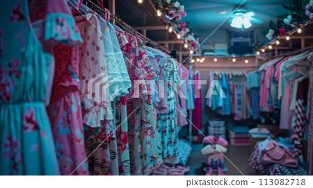 Colorful Vintage Assortment of Dresses in a Trendy Second Hand Asian Fashion Boutique Colorful Vintage Assortment of Dresses in a Trendy Second Hand Asian Fashion Boutique 113082718