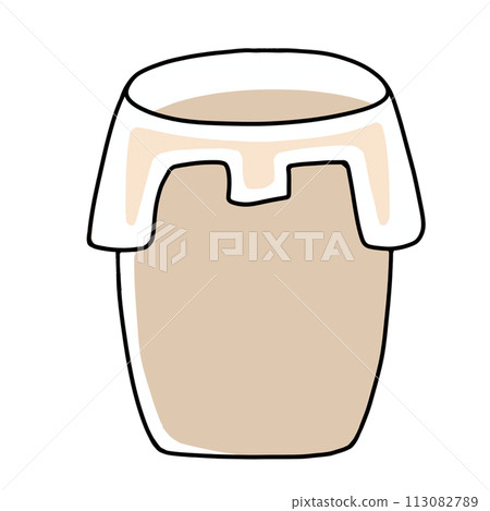 A trash can with a loose and simple plastic bag hanging on it, solid paint 113082789