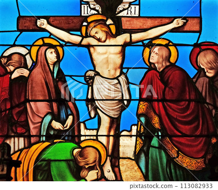 12th Stations of the Cross, Jesus dies on the cross, stained glass windows in the Saint Eugene - Saint Cecilia Church, Paris, France 12th Stations of the Cross, Jesus dies on the cross, stained glass windows in the Saint Eugene - Saint Cecilia Church, Paris, France 113082933