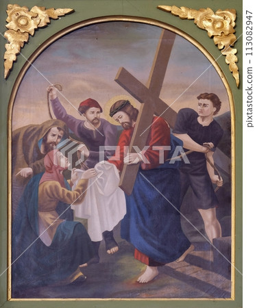 6th Stations of the Cross, Veronica wipes the face of Jesus, church of Saint Matthew in Stitar, Croatia 113082947