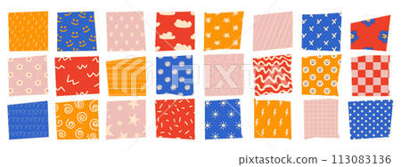 Jagged rectangle with funny pattern. Torn paper items for collage, design templates, banner, and sticker. Vector illustration Jagged rectangle with funny pattern. Torn paper items for collage, design templates, banner, and sticker. Vector illustration 113083136