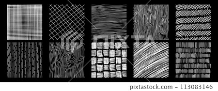 Patterns with hand drawn linear hatching and crosshatching textures. Vector scribble, horizontal and wave strokes collection 113083146
