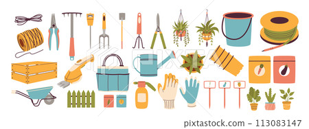 Set of gardening equipment. Rope, pruner, rake, shovel, hose, wheelbarrow, seeds and more. Vector illustration. Set of gardening equipment. Rope, pruner, rake, shovel, hose, wheelbarrow, seeds and more. Vector illustration. 113083147