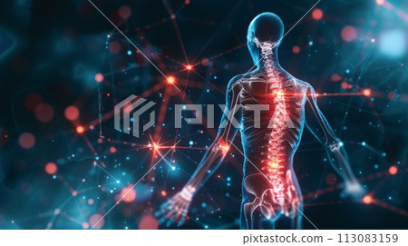 Human body with glowing connection lines and dots on dark background 113083159