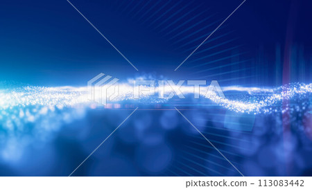Blue energy glowing magic waves high tech digital iridescent with light rays lines and bokeh energy particles. Abstract background 113083442