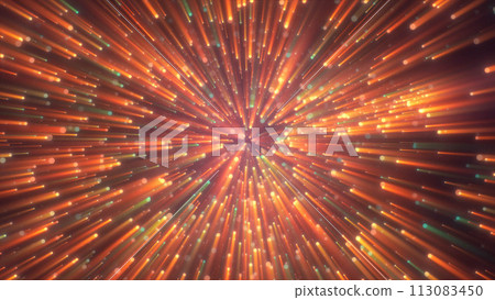 Abstract spiral tunnel of flying glowing magical whirl particles bokeh circles of multicolored yellow energy swirl background. Abstract background 113083450