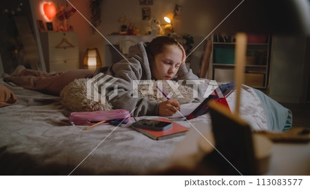 Teenage girl lies on bed at home, does online homework using tablet computer Teenage girl lies on bed at home, does online homework using tablet computer 113083577