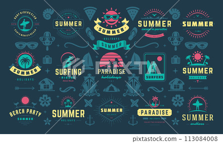 Summer holiday labels and badges design set retro typography for posters and t-shirts 113084008