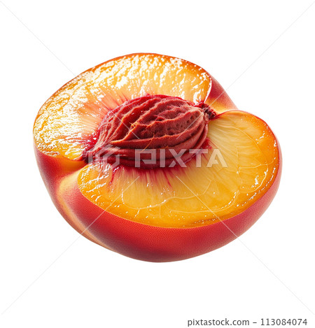 Half a peach fruit with pit 113084074