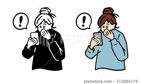 Illustration material of a woman surprised by a smartphone notification 113084178