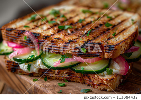 Grilled sandwiches with cucumbers- creamed goat cheese and pickled onions 113084432