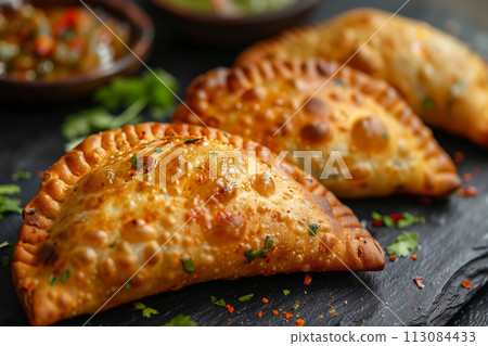 A plate of freshly prepared samoosa with a side dish of chutney. 113084433