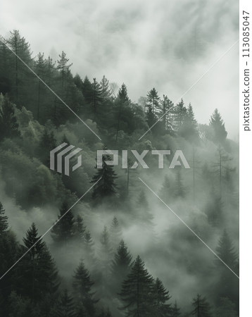 Forest covered in mist with trees, overcast day, dark gray style landscape, minimalist black and white muted palette 113085047