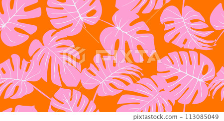 Monstera leaf seamless pattern, hand drawn botanical, spring and Summer time, green style, natural ornaments for textile, fabric, wallpaper, background. Vector illustration. 113085049