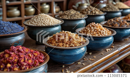 background of various spices closeup 113085371