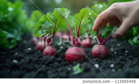 farmer pulls out beet closeup 113085448