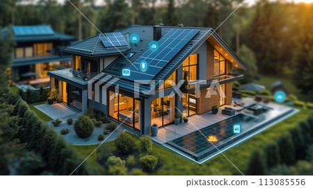 country house with solar panels 113085556