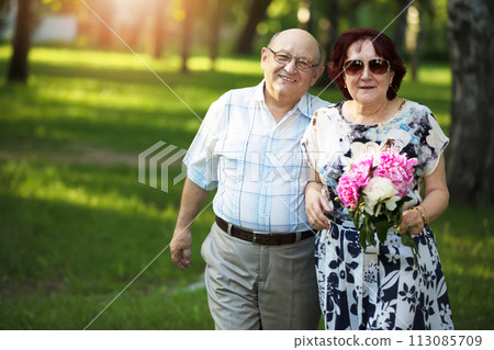 Happy elderly couple. Handsome man and woman senior citizens. Husband and wife of old age for a walk. 113085709