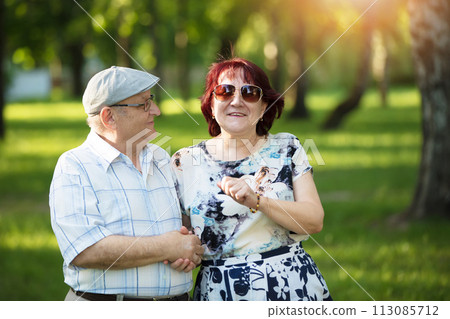 Portrait of a happy elderly couple. Handsome man and woman senior citizens. Husband and wife of old age for a walk. 113085712