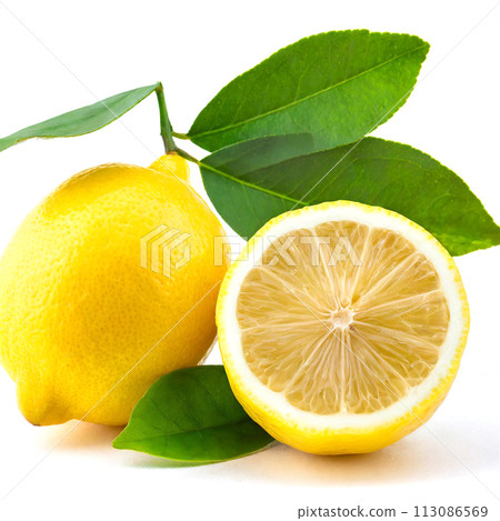 Lemon fruit with leaves isolated on white background 113086569