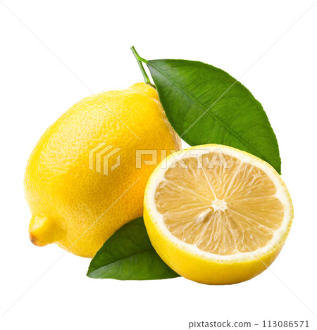 Lemon fruit with leaves isolated on white background Lemon fruit with leaves isolated on white background 113086571