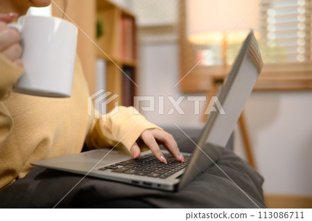 Cropped shot of young woman in sweater drinking coffee and using laptop on couch at home Cropped shot of young woman in sweater drinking coffee and using laptop on couch at home 113086711