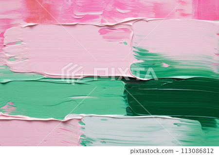 春季/夏季的抽象油畫背景橫幅）綠色、粉紅色和白色的粗糙水平條紋。 AI生成影像 113086812