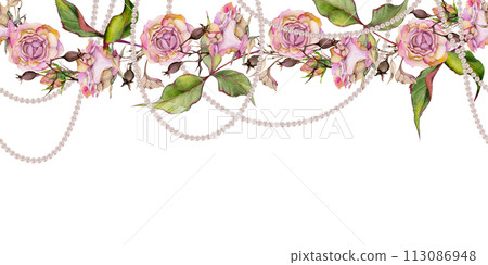 Hand drawn watercolor illustration shabby boho botanical flowers leaves. Rose hip pearl beads autumn branches lunaria pink pastel. Seamless banner isolated white background. Design wedding floral shop Hand drawn watercolor illustration shabby boho botanical flowers leaves. Rose hip pearl beads autumn branches lunaria pink pastel. Seamless banner isolated white background. Design wedding floral shop 113086948