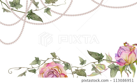 Hand drawn watercolor illustration shabby boho botanical flowers leaves. Dusty pink tea rose buds, ivy tendrils, pearl beads. Corner frame isolated on white background. Design wedding, gift love cards 113086951