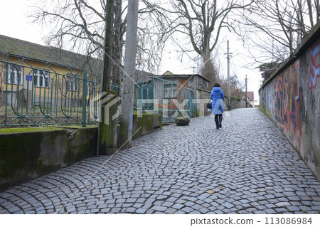 View of the Zamkovi Shody - Castle Steps - lane, one of landmarks of Uzhgorod city, Ukraine 113086984