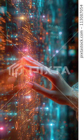 Networking connect technology abstract concept. Hand of touching futuristic network connection, internet, innovation, and technology. 113087054