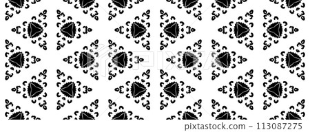 Black and white vintage seamless pattern. Floral ornamental monochrome damask background. Black and white vintage seamless pattern. Floral ornamental monochrome damask background. 113087275