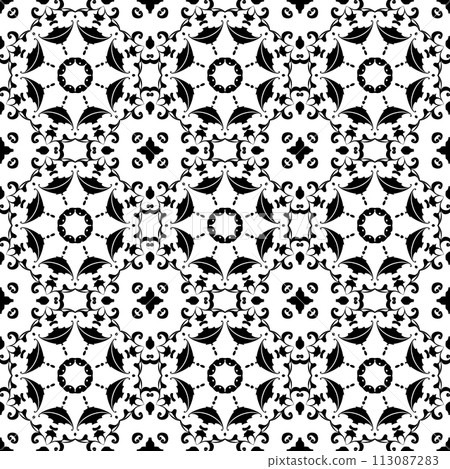 Black and white vintage seamless pattern. Floral ornamental monochrome damask background. Black and white vintage seamless pattern. Floral ornamental monochrome damask background. 113087283