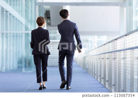 Man and woman business walking rear view 113087354