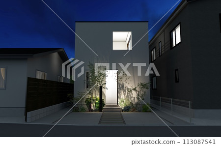 可愛的簡約現代設計建築的夜景,雜樹的美麗陰影 可愛的簡約現代設計建築的夜景,雜樹的美麗陰影 113087541