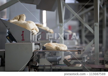 Industrial line of bakery products from yeast dough. Yeast dough in the rear Industrial line of bakery products from yeast dough. Yeast dough in the rear 113087589