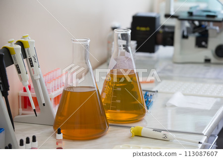Belarus, Gomel, 24 April 2018. Blood transfusion station.Laboratory for the Study and Study of Blood.Medical flasks with blood plasma.Blood without erythrocytes.Leukemia 113087607
