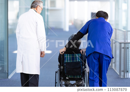 Medical image, wheelchair, nursing care, rear view Medical image, wheelchair, nursing care, rear view 113087870